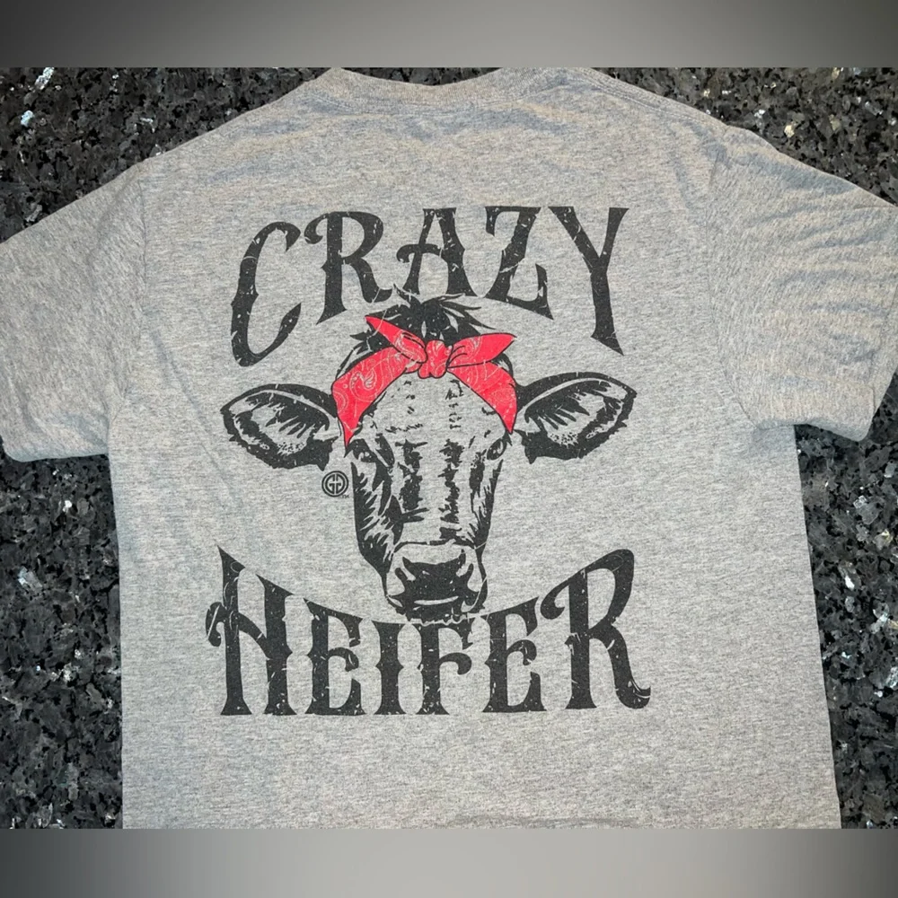 Girlie Girl Original “Crazy Heifer” Grey Short Sleeve Graphic T-Shirt - Picture 5 of 7